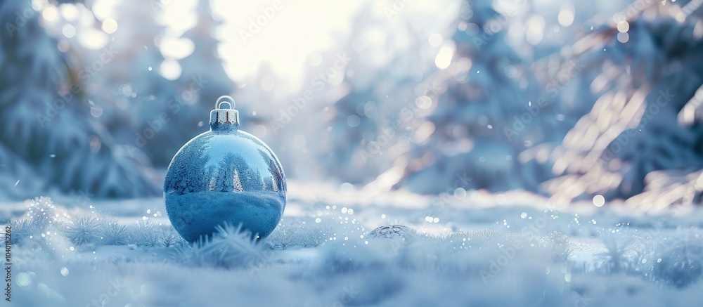 Canvas Prints light blue christmas ornament in front of a snowy forest designed for a banner with copy space image
