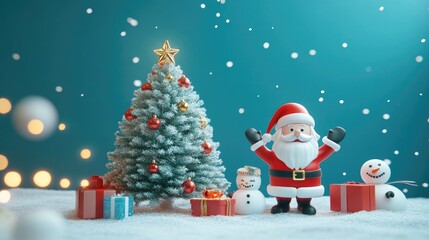 Christmas tree, snta Claus, snowman and gifts flat design front view North Pole theme 3D render 