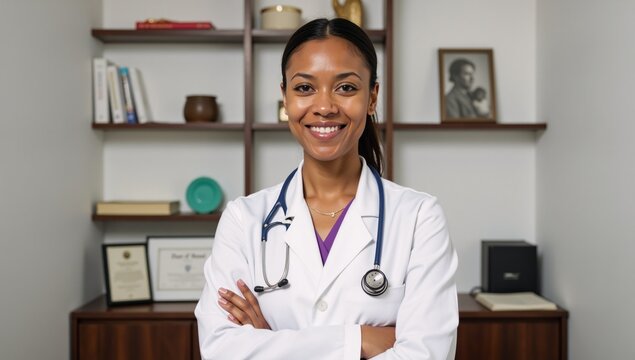 African-American female doctor confident posture stethoscope radiates professionalism  pride in her office