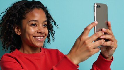Close-up portrait of an African-American girl smiling and posing for selfies in red sweater against a pastel blue backdrop Selfie Mobile Phone African American