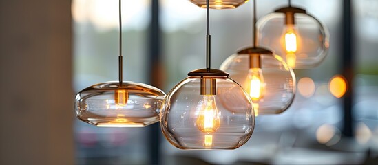 Enhance your space with elegant glass pendant ceiling lights featuring delicate shades that generate a luxurious ambiance Ideal for a sophisticated setting suitable for a copy space image