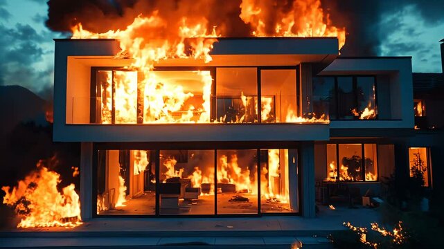 A Modern House is Ablaze in a Dramatic and Intense Fire Scene that Captivates Attention