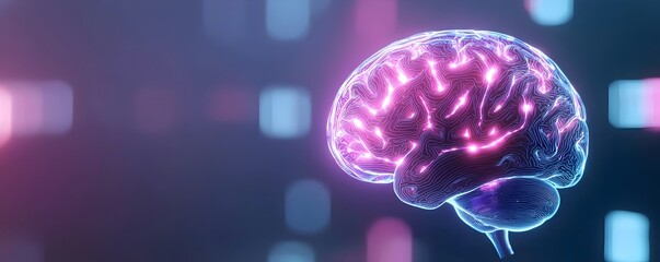 Holographic Brain Over Sci-Fi Cityscape - Futuristic Urban Innovation with Bright Visuals in a Wide-Angle Panorama Design