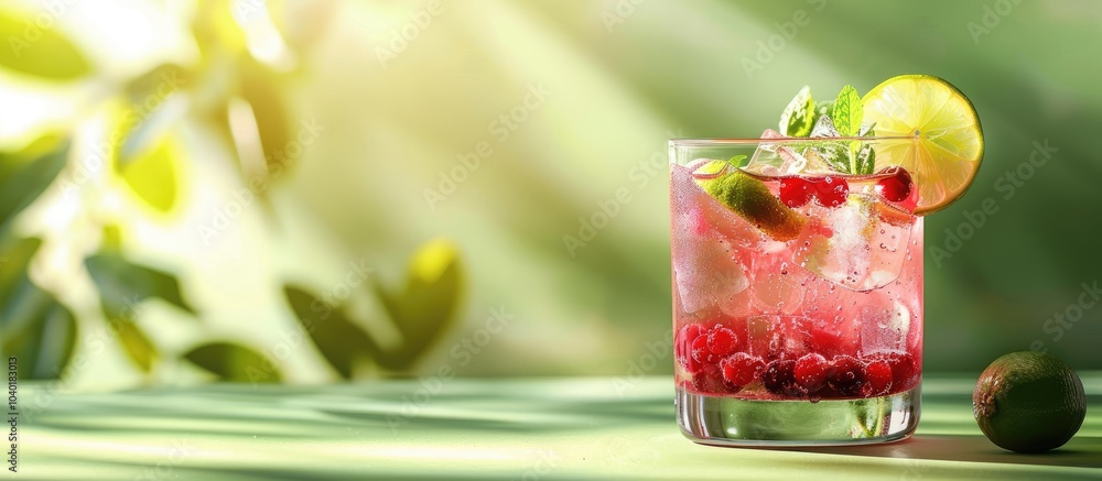 Poster refreshing cocktail with lime and cranberry in a glass on a green backdrop perfect for adding text o