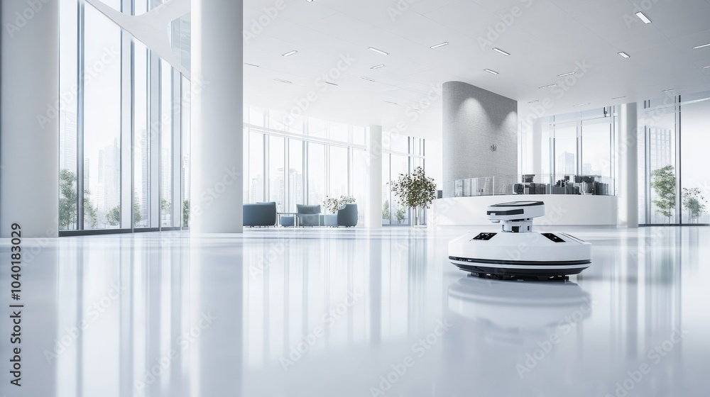 Poster A robot managing smart building systems in a sleek, modern office with advanced climate control and automation technology integrated into the clean design, Smart building tech style