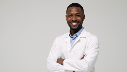 Young African-American doctor stands confidently in clean white medical office