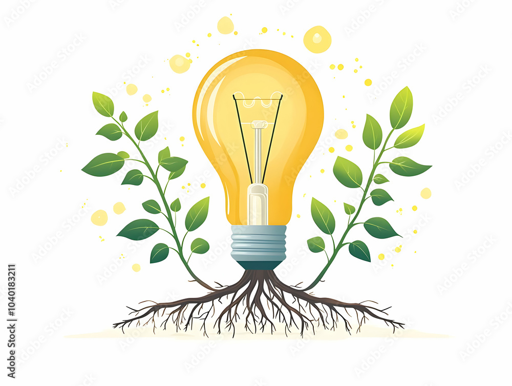 Poster flat bokeh lightbulb with roots growing downward, symbolizing innovative growth in community and com