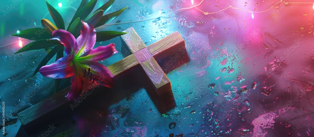 Poster top down view of a wooden cross and a lily flower on a textured table under colorful lights with an 