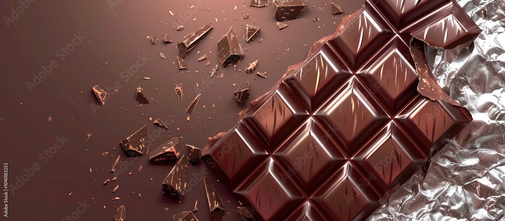 Poster classic chocolate treat in shiny foil packaging with a blank space for inserting an image. copy spac