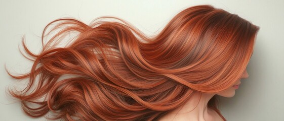 Fototapeta premium Luxurious Red Hair Cascade - Elegant Close-Up of Flowing Auburn Tresses Against Soft Off-White Backdrop, Beauty Concept