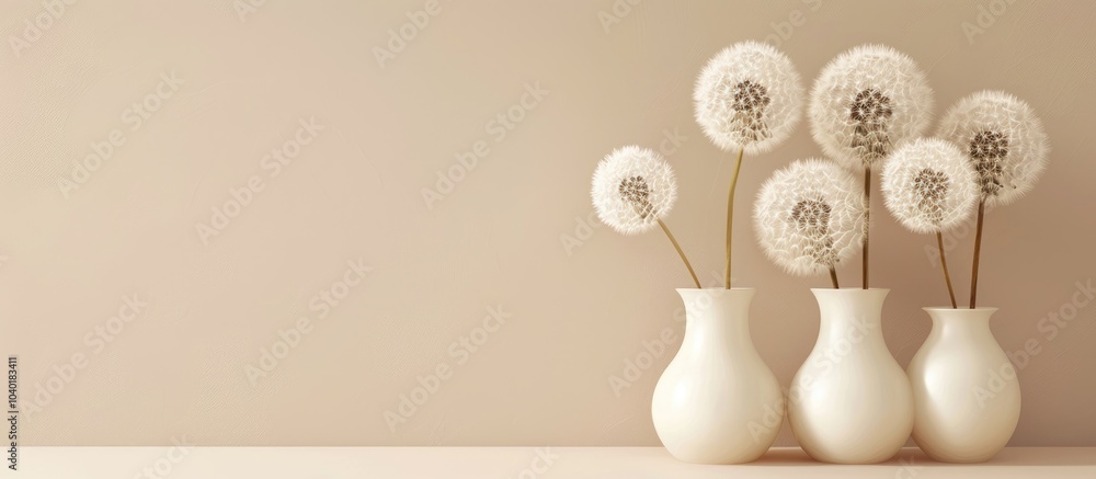 Poster fluffy dandelions arranged in vases on a beige backdrop with ample copy space image