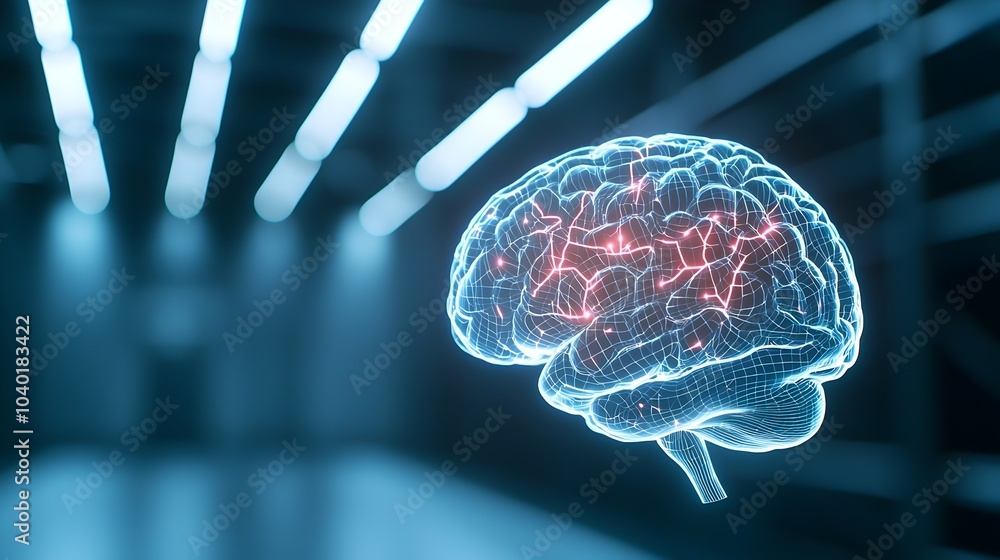 Aufkleber futuristic hologram brain interfacing with urban matrix - high-tech sci-fi district illuminated in d