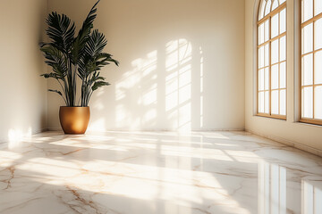 White room with a large window and a potted plant