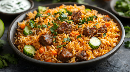 Fototapeta premium A hearty plate of Biryani with Raita, featuring spiced basmati rice with vegetables or meat, served with a cooling yogurt and cucumber raita on the side