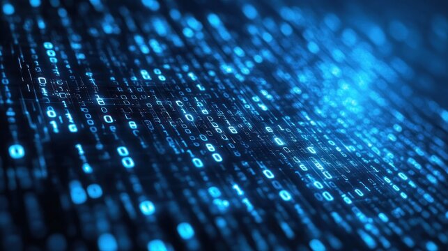 Blue digital binary code matrix with glowing patterns