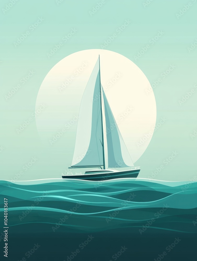 Poster the sailboat sails smoothly on calm waves, silhouetted against a softly illuminated orb, creating a 