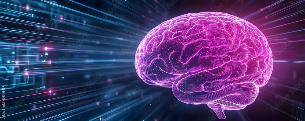 Poster futuristic hologram brain connected to data streams in vibrant sci-fi cityscape - wide-angle perspec