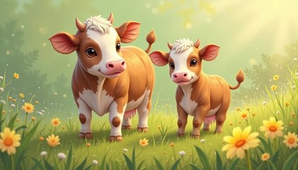  A mother and calf cow in a pastoral setting