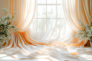 Window with white curtains and a white curtain hanging over the window