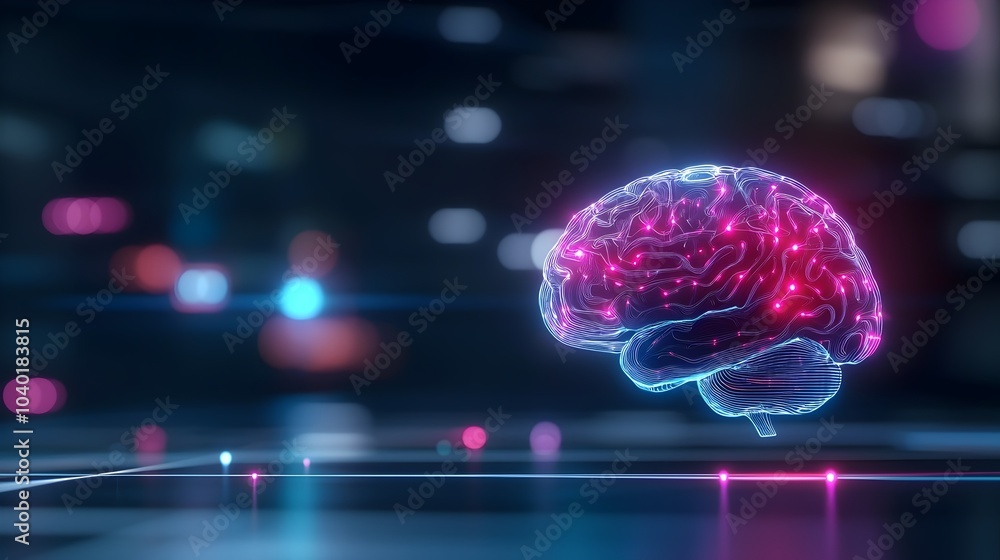 Poster holographic brain interfacing with smart city technology - futuristic neon highlights in a tech-driv