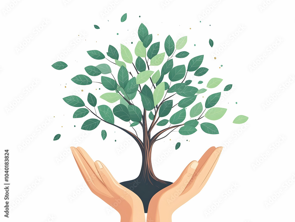 Poster flat soft abstract tree growing from hands - abstract image symbolizing growth and environmental ste
