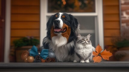 A Bernese Mountain Dog and a Himalayan cat sitting near a festive holiday display during a winter market , High-resolution,Ultra-realistic,Crystal-clear