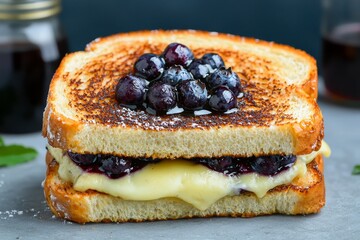 Gourmet Grilled Cheese Close-Up of Blueberry-Topped Sandwich on Dark Surface - Delicious Savory-Sweet Indulgence for Food Blogs and Menus