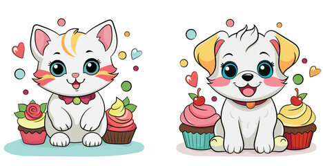 Cute kitten and cute puppy with cupcakes. Cartoon animals. Bright illustration of  animals.