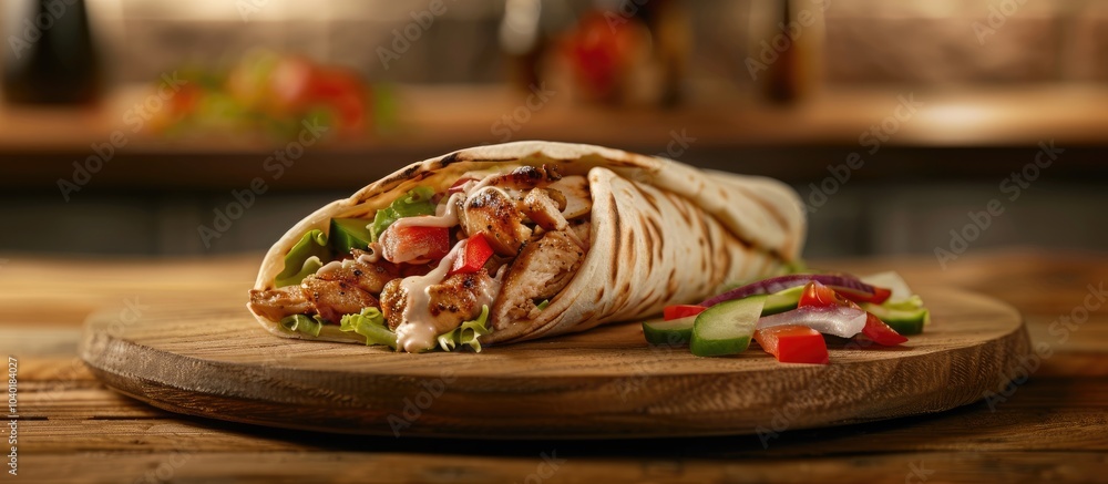 Poster a zoomed in view of a chicken shawarma wrap with fresh veggies creamy dressing in a soft pita on a w
