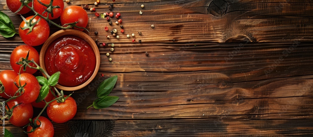 Poster a mouth watering ketchup made with flavorful spices and ripe tomatoes displayed on a wooden surface 