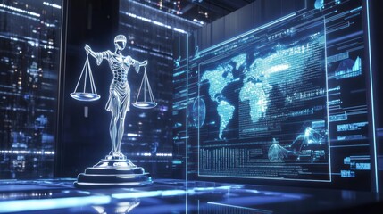 Lady Justice stands proudly amidst world data imagery