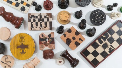 A variety of chess pieces and boards in a flat lay composition on a white background.