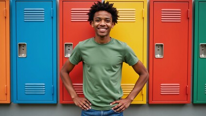 A smiling African-American teenager stands before vibrant colorful lockers representing a typical high school setting for him
