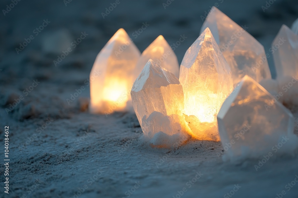 Poster This tranquil image displays glowing crystals set against a serene snowy background, emanating warmth and an ethereal glow in the tranquil setting.
