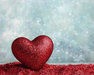 Obraz premium Radiant Red Glitter Heart on Turquoise Bokeh Background - Romantic Valentine's Day Celebration Concept