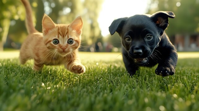 A playful Rottweiler puppy and a British Longhair kitten running through a field during a spring outdoor event , High-resolution,Ultra-realistic,Crystal-clear