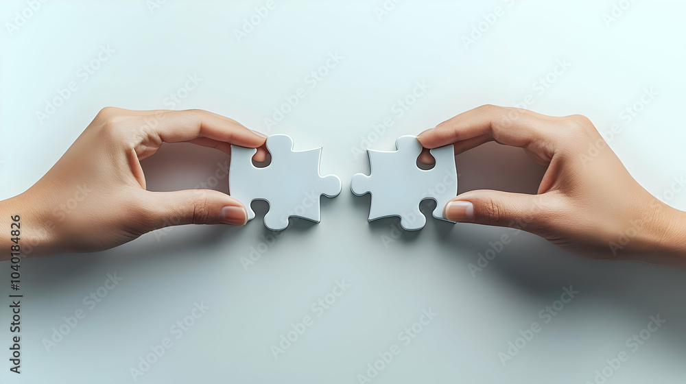 Poster 3d glossy hands connecting puzzle pieces on plain white background with significant copy space for e
