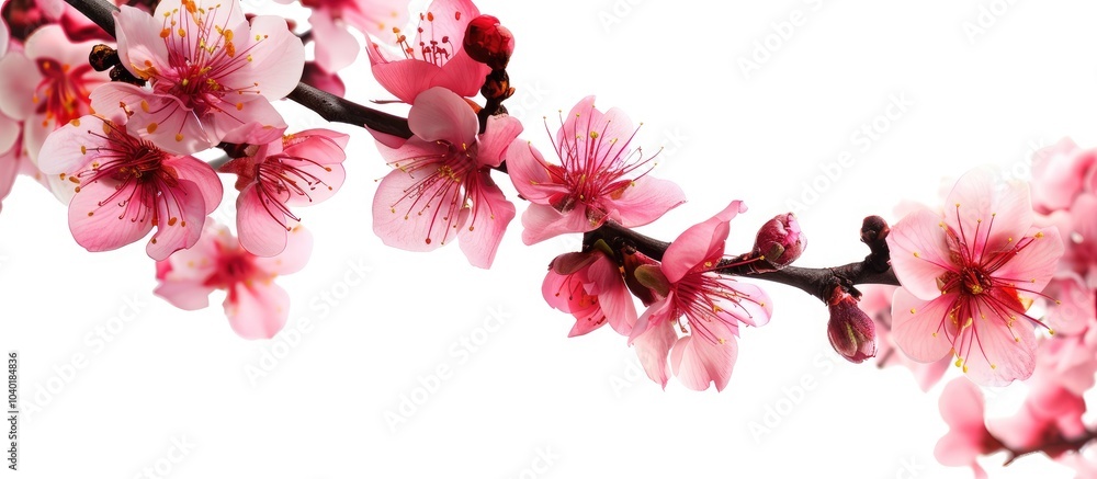 Aufkleber a peach tree branch adorned with pink blossoms against a blank background for text copy space image