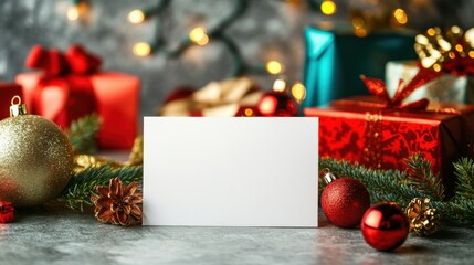 Blank card with gift box holiday ornament on table for greeting card poster design.