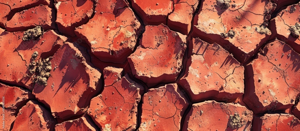 Poster top view of cracked red clay soil in a drought ideal as a copy space image