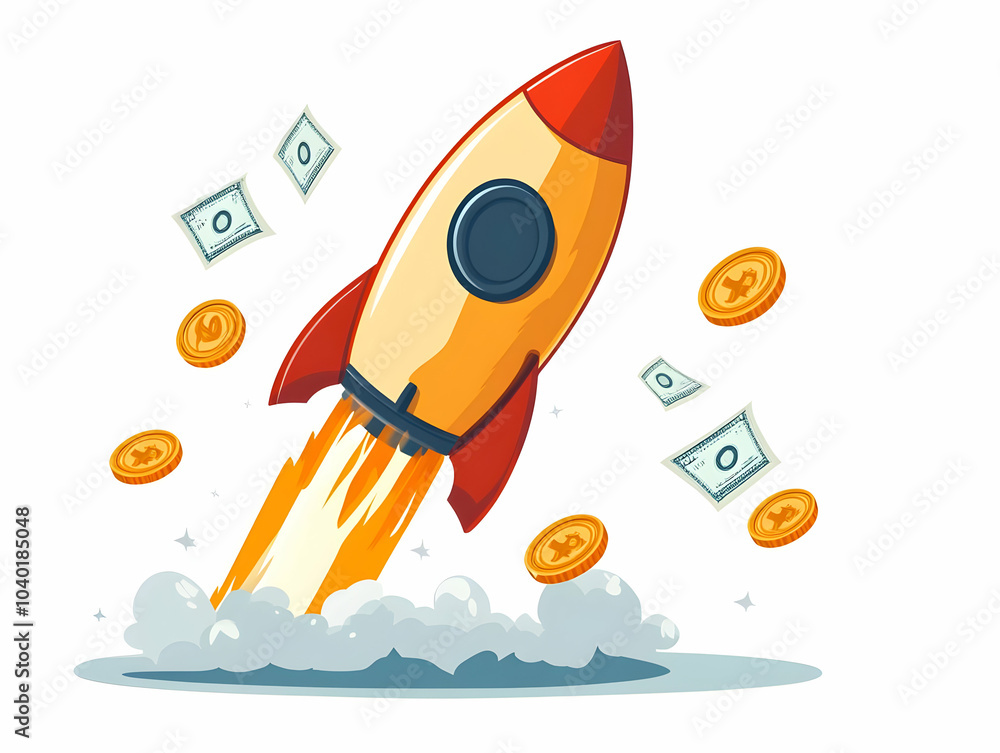Poster flat wallet to rocket transformation vector illustrating wallet morphing into rocket with coins and 