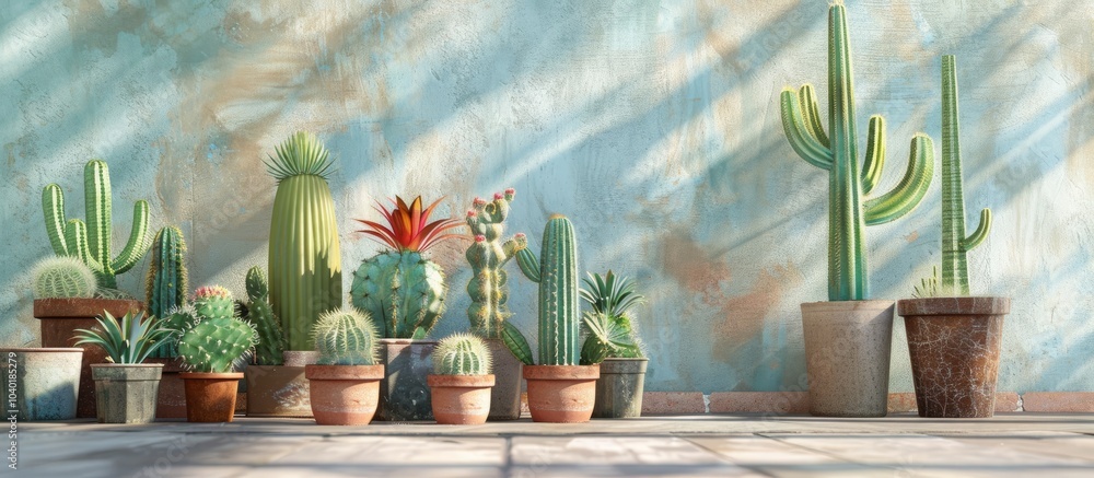 Poster cacti in assorted small pots elegantly arranged for a charming small garden with copy space image