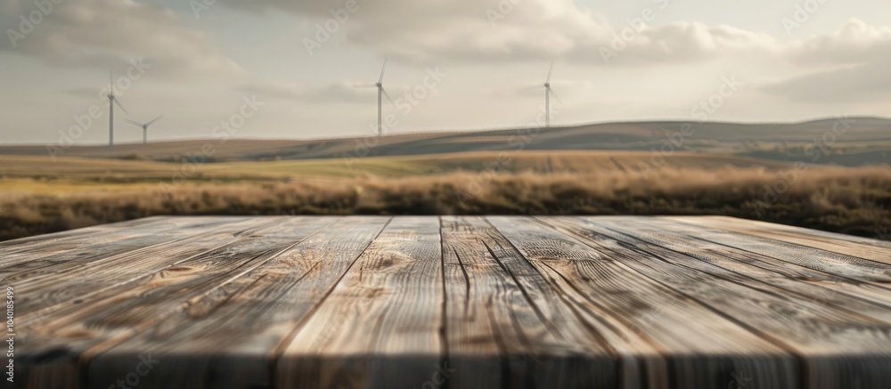 Poster wooden table with clear space for displaying products set against a scenic wind turbine farm backdro