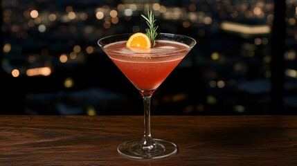 Elegant Red Martini Cocktail in Glass on Wooden Surface with Cityscape Background - Sophisticated Nightlife Scene