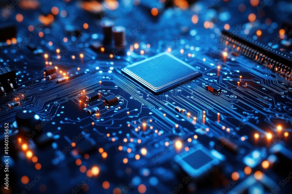 Aufkleber close-up view of a complex circuit board illuminated by blue lights in a dark environment