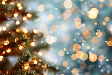 A magical holiday celebration with a softly glowing Christmas tree and shimmering lights in a festive winter wonderland ambiance