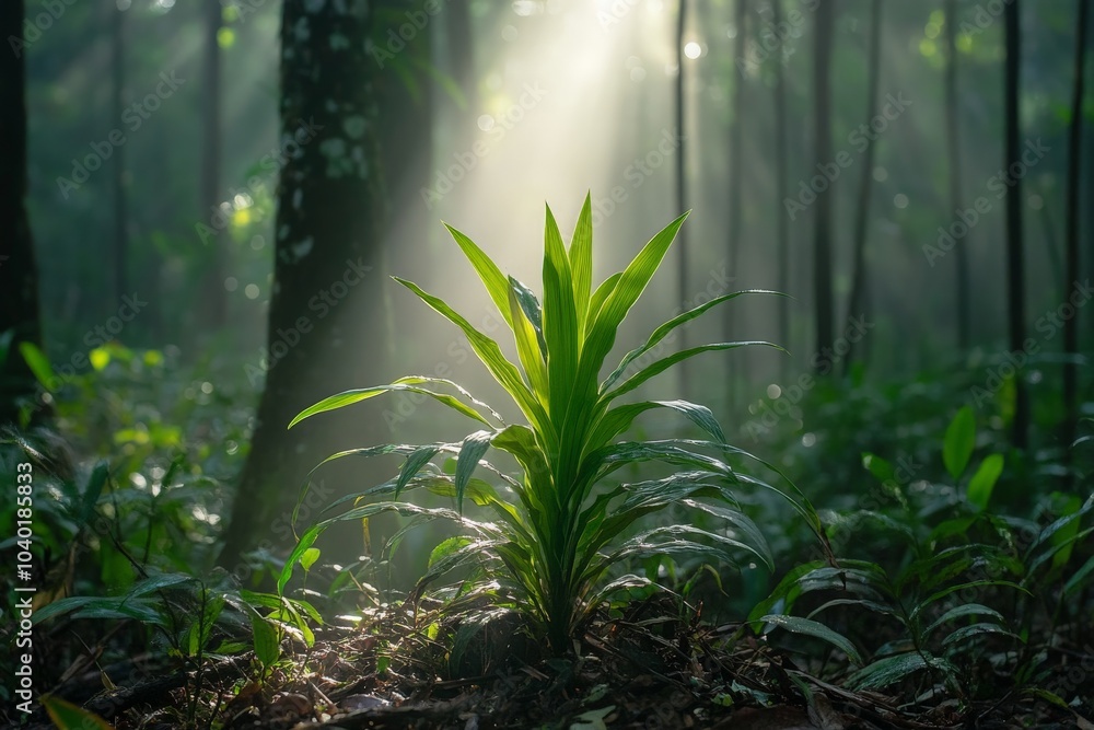 Poster a single green plant basks in sunlight within a tranquil, lush forest. sunrays filter through the tr