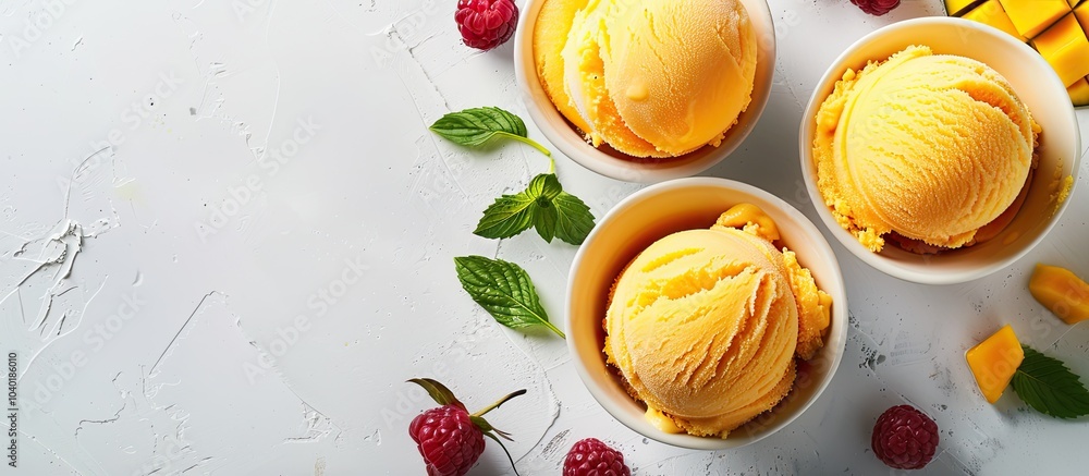 Poster a summer dessert of mango ice cream displayed on a table with copy space seen from a top view in a h
