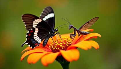 Obraz premium Natures dance A butterfly and a dragonfly in harmony