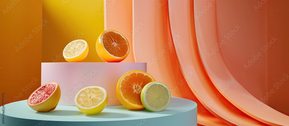 Poster display various props on colored podiums for product photography ideal for showcasing items with a c